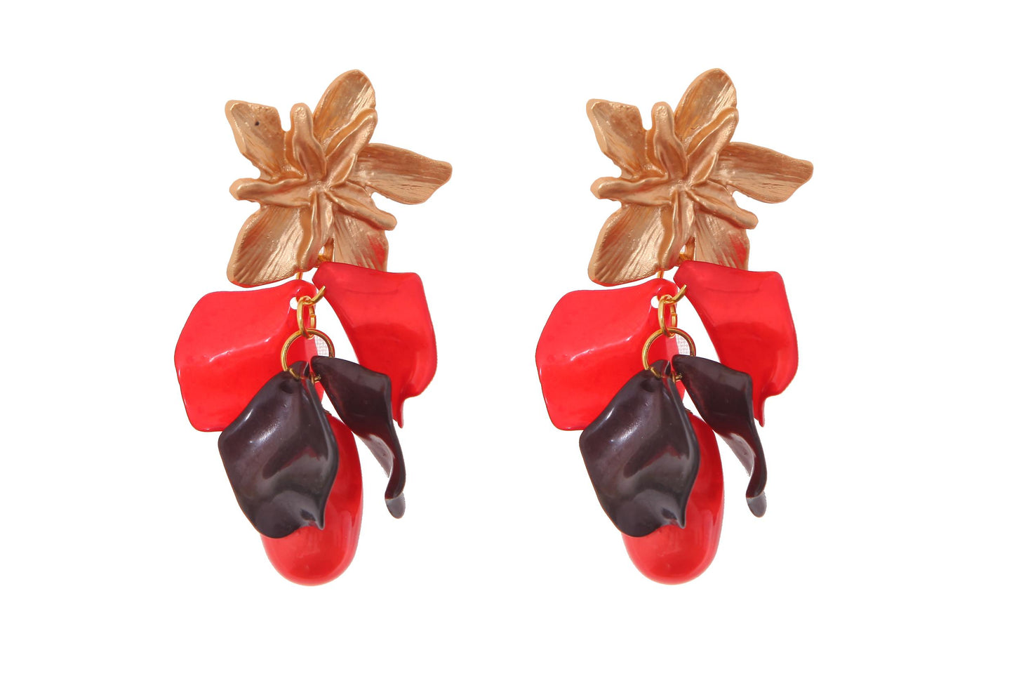 Pendientes de pétalos y piedras nácar en rojo y negro con cabezal de flor