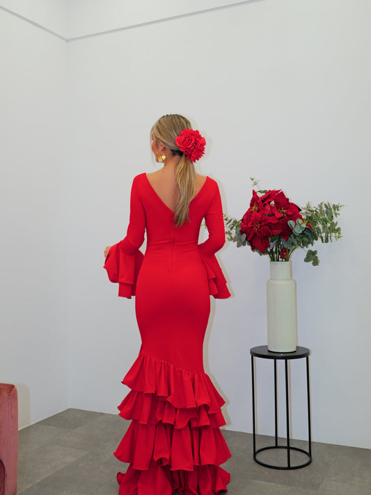 Traje flamenca asimetrico volantes rojo