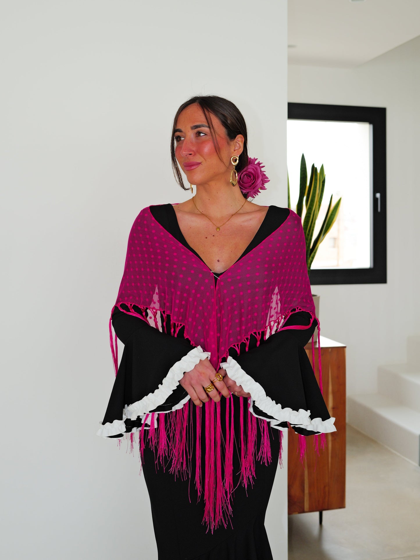 Mantón flamenca topos fucsia