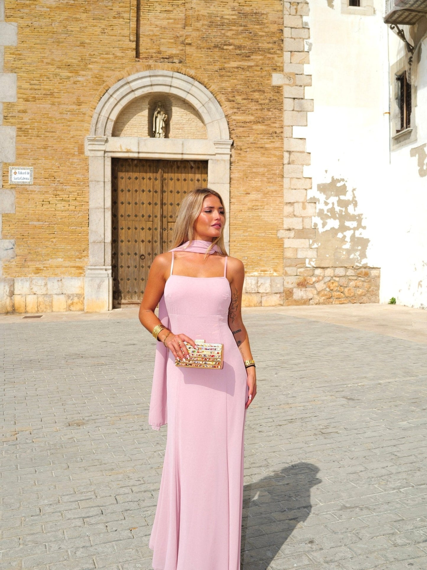 Vestido largo capa georgette rosa