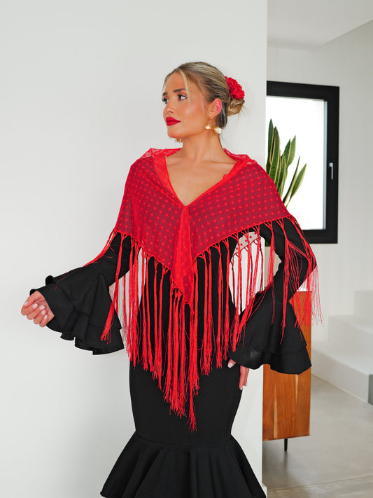 Mantón flamenca topos rojo