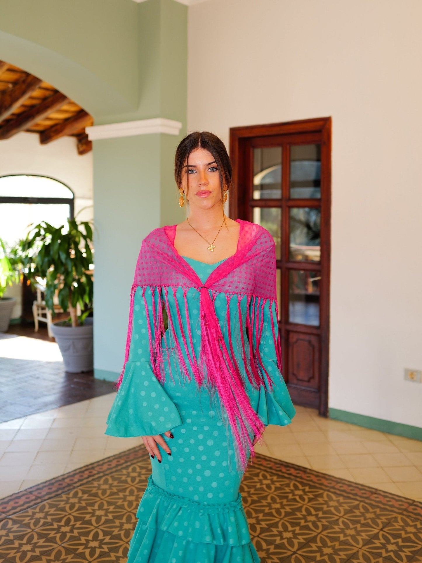 Traje flamenca volantes lunares turquesa