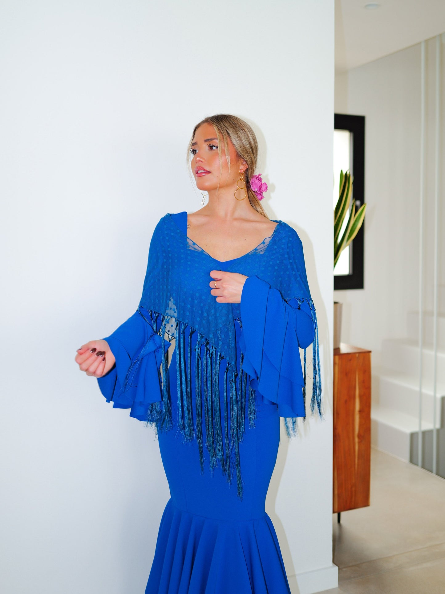 Mantón flamenca topos azul