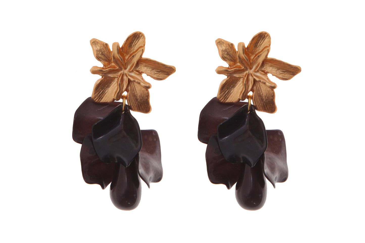 Pendientes de pétalos y piedras nácar en color negro con cabezal de flor