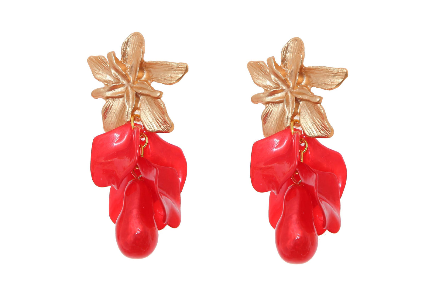 Pendientes de pétalos y piedras nácar en color rojo con cabezal de flor