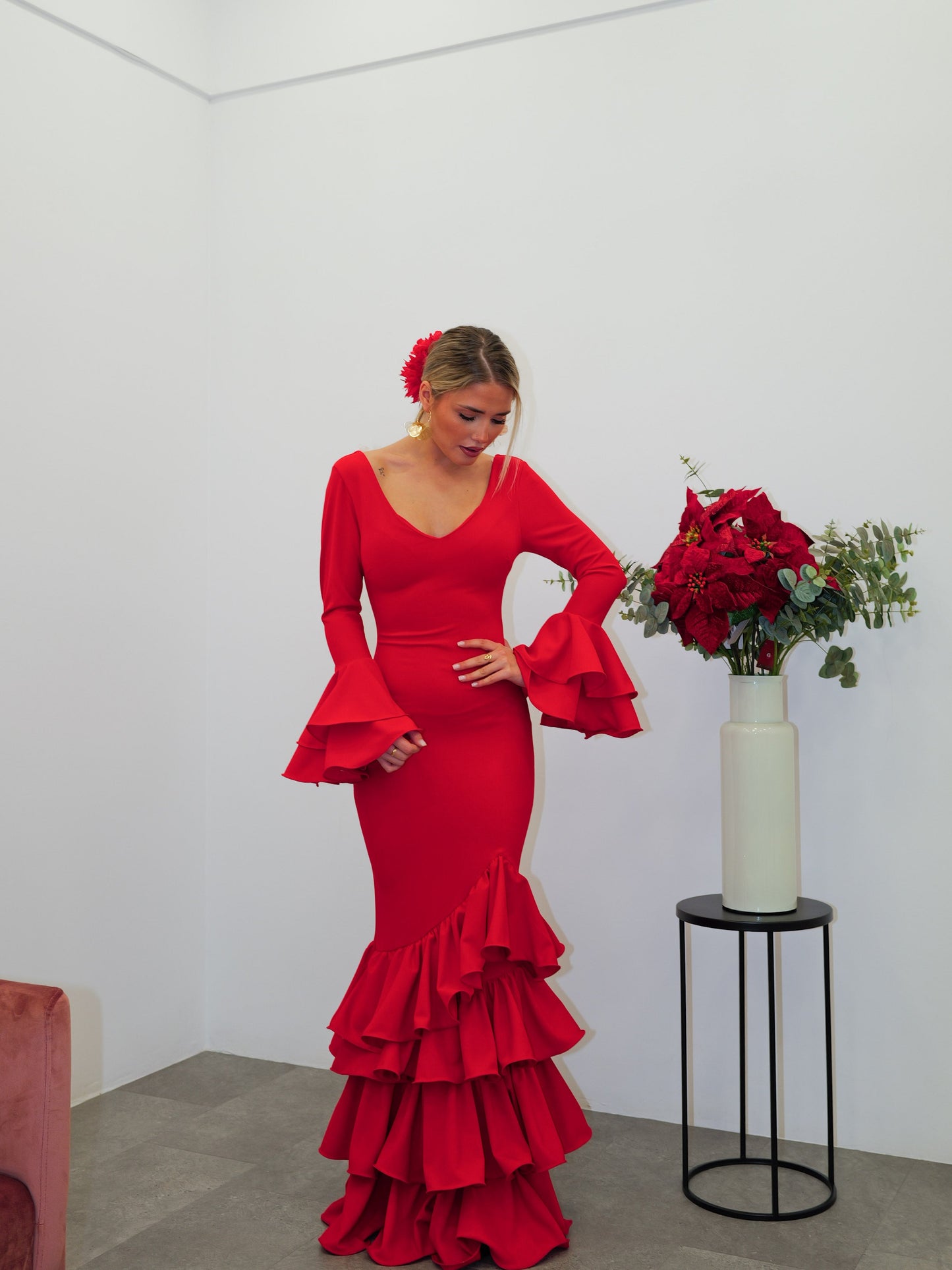 Traje flamenca asimetrico volantes rojo