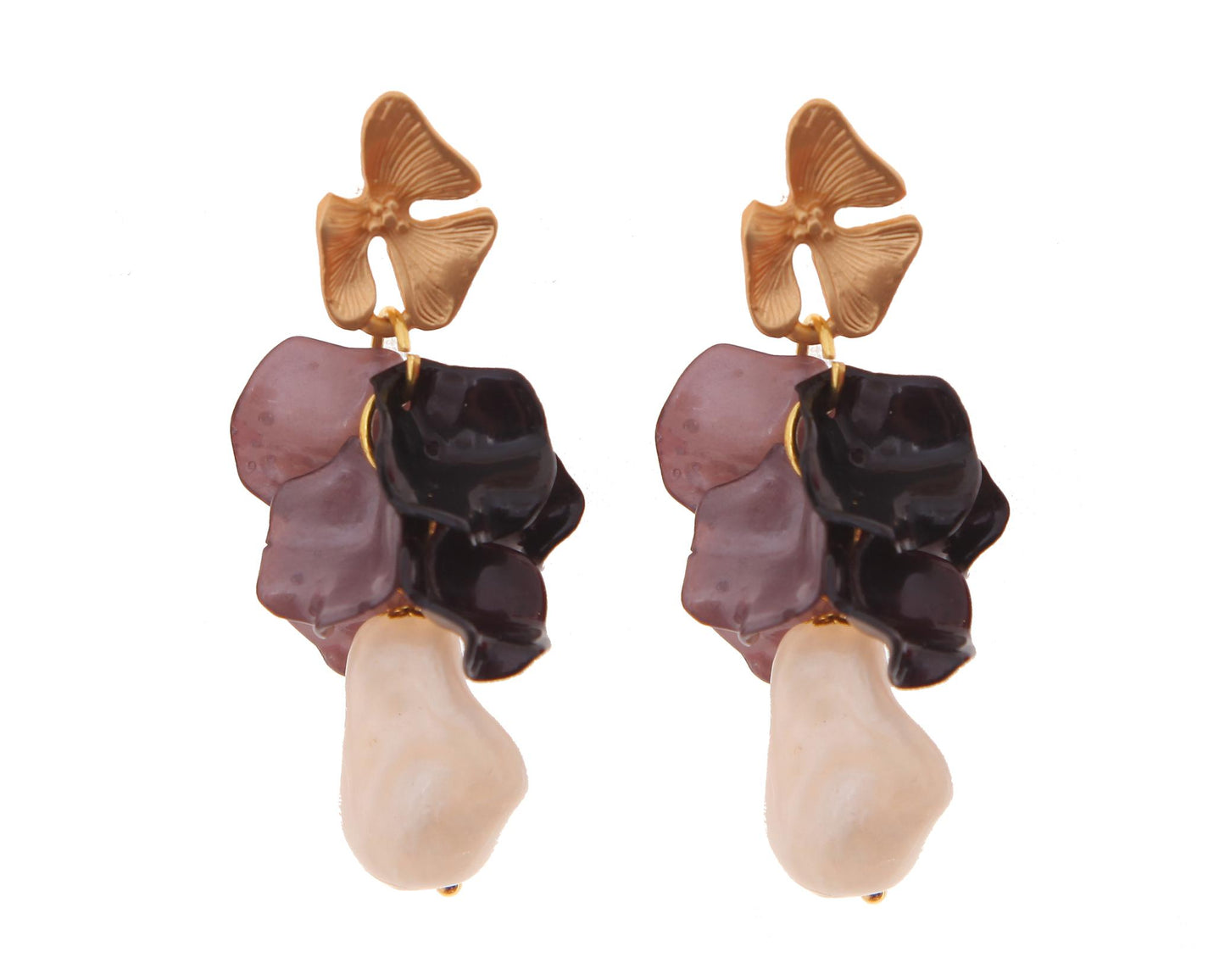 Pendientes de pétalos y piedras nácar en blanco y negro con cabezal de hojas