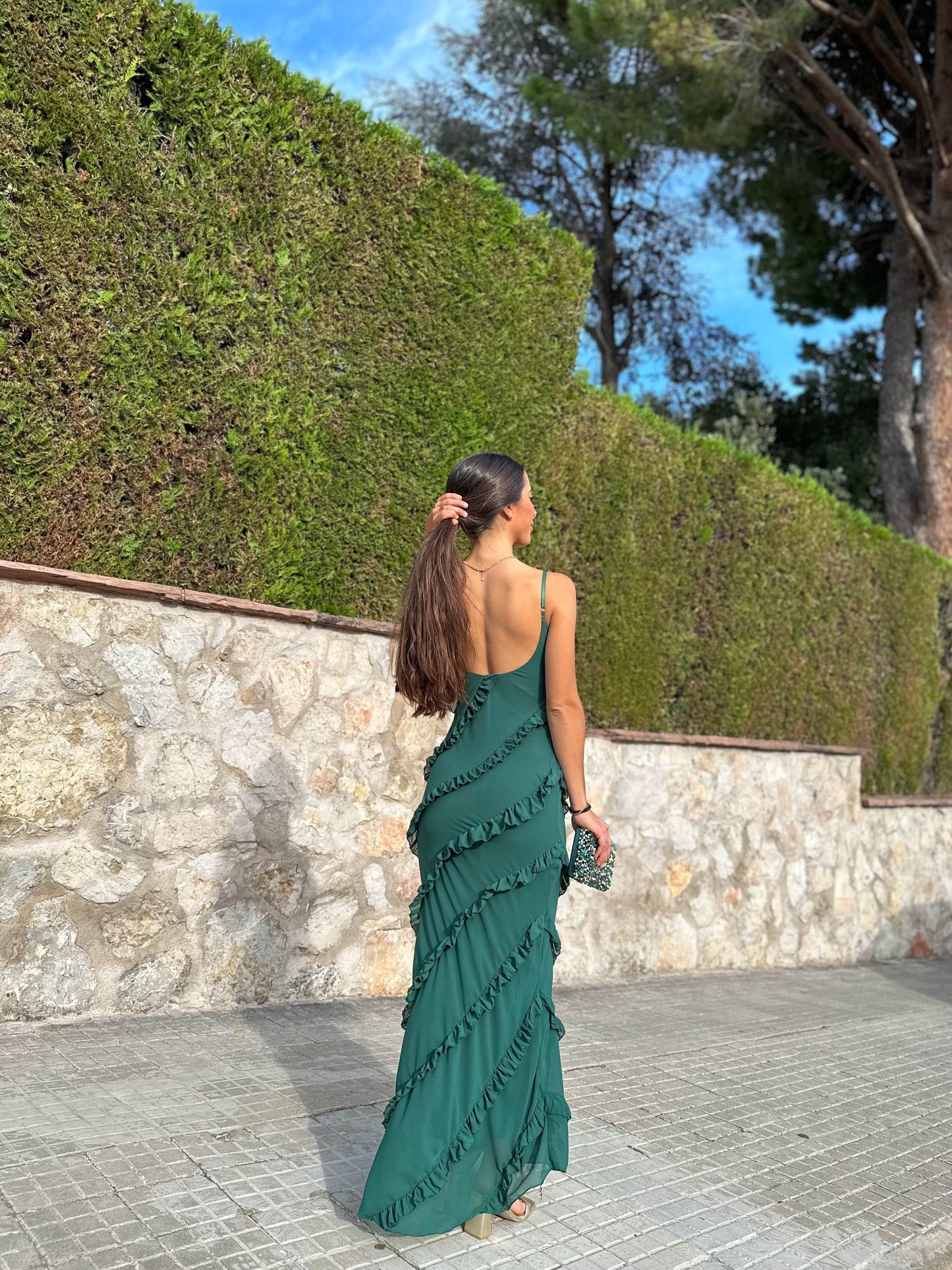 Vestido volantes crepe chocolate