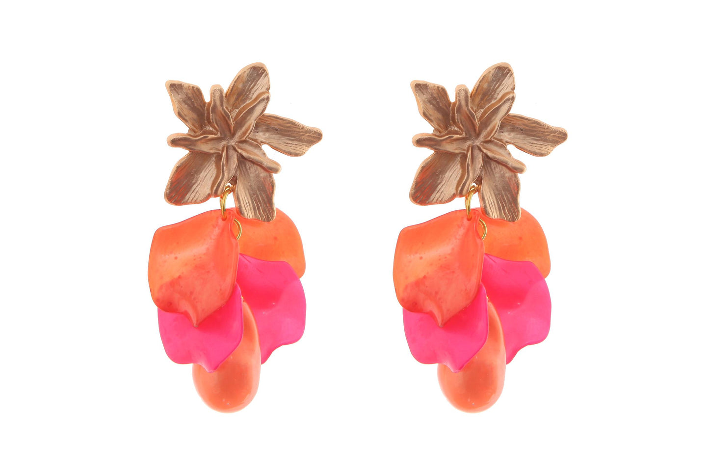 Pendientes de pétalos y piedras nácar en rosa y naranja con cabezal de flor