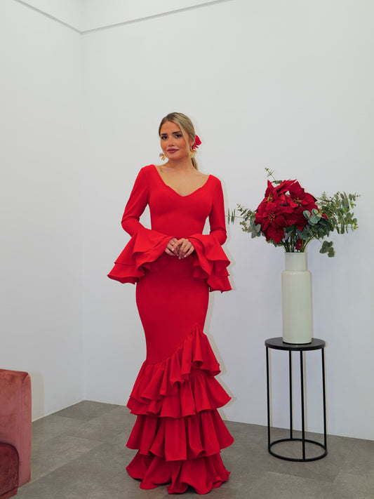 Traje flamenca asimetrico volantes rojo