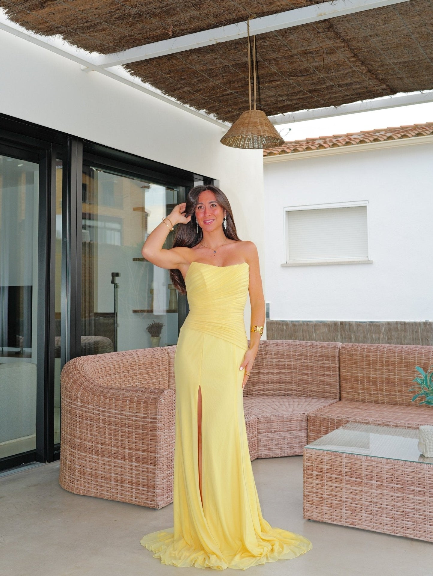 Vestido tulle drapeado amarillo