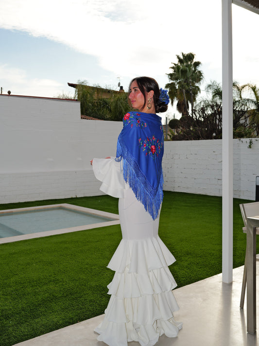 Mantón flamenca bordado flores azul