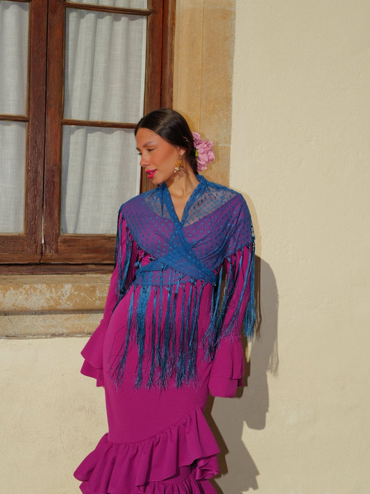 Mantón flamenca topos petróleo