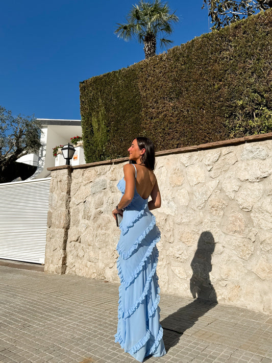 Vestido volantes crepe cielo