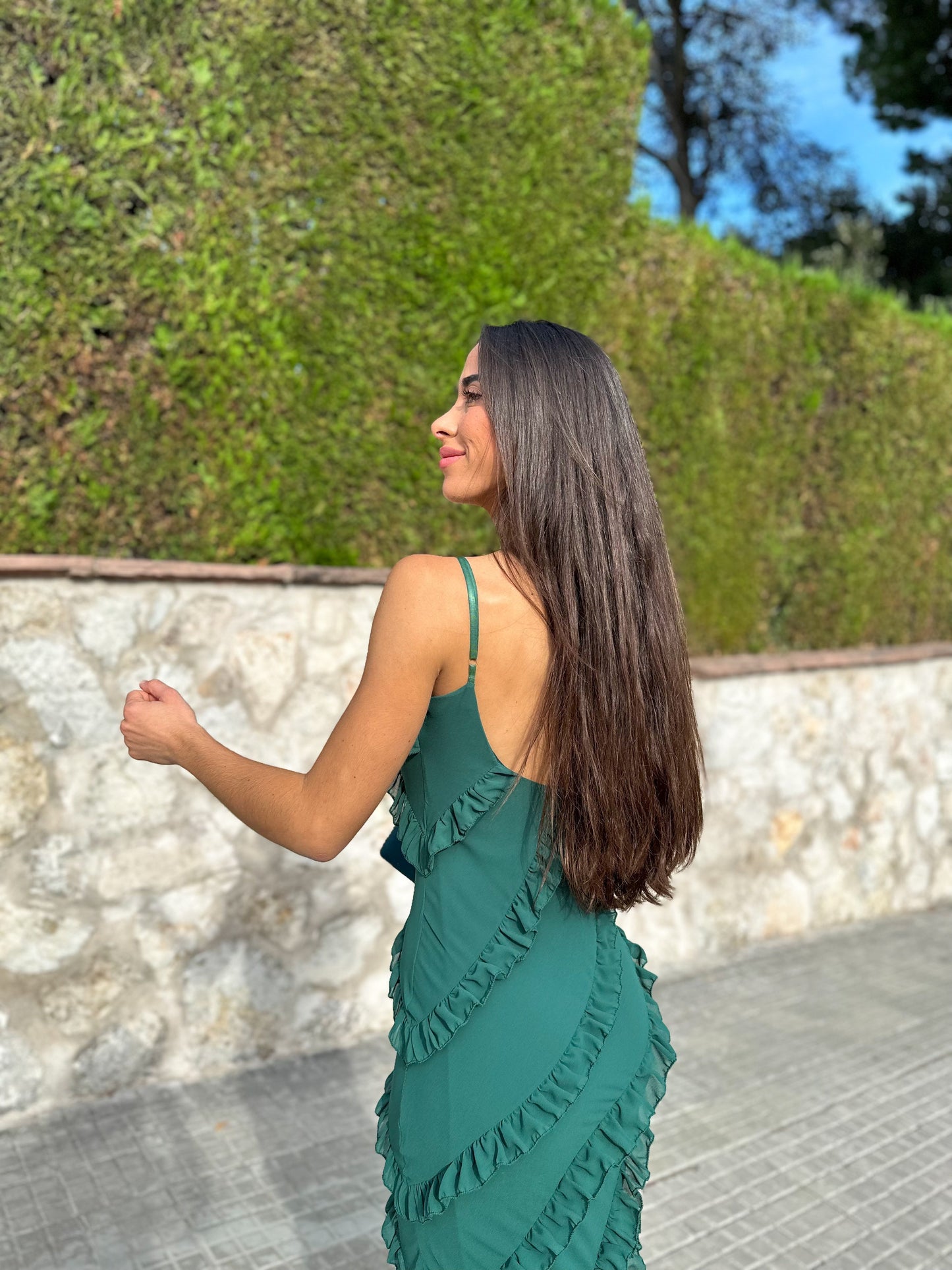 Vestido volantes crepe chocolate