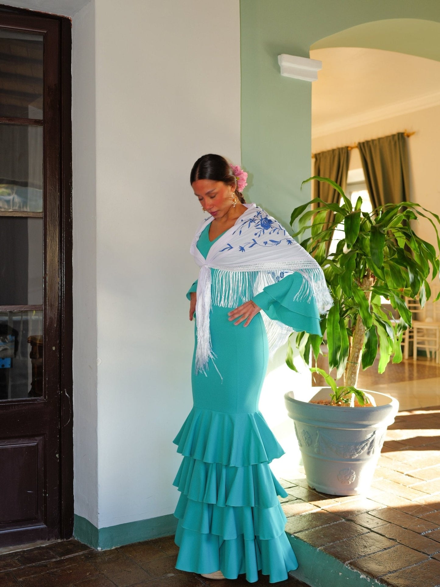 Traje flamenca volantes turquesa
