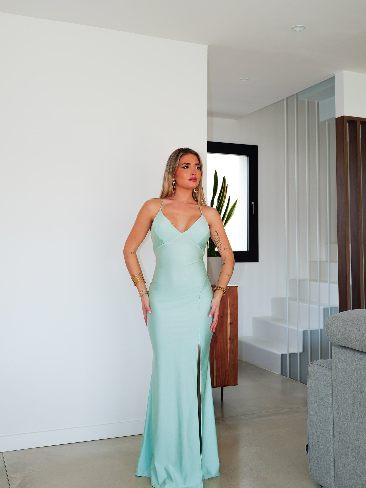 Vestido pico satin entrelazado menta