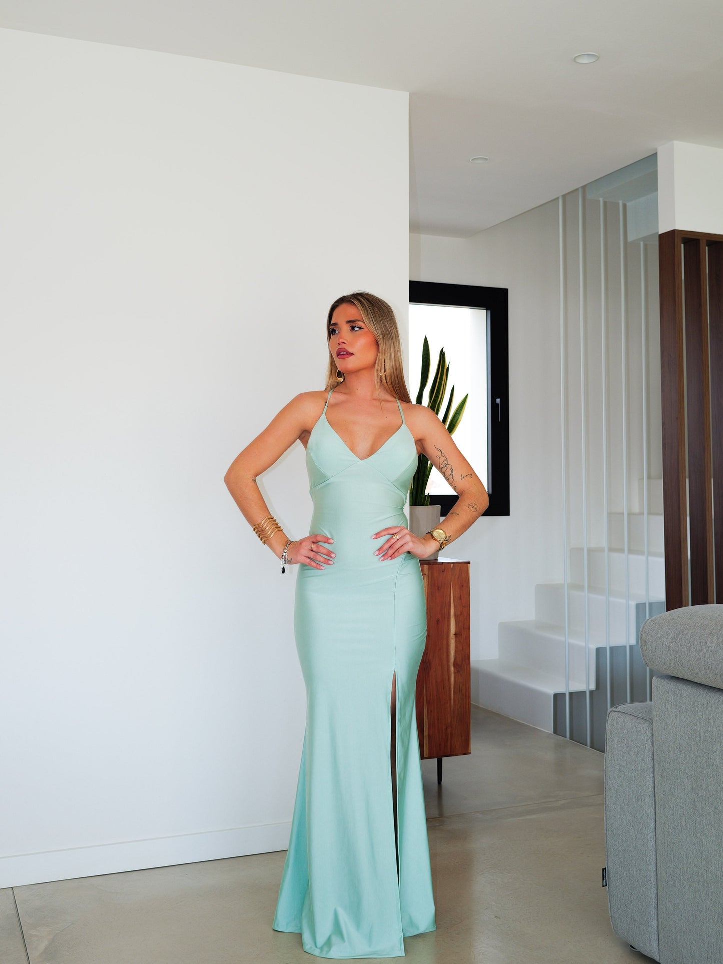 Vestido pico satin entrelazado menta