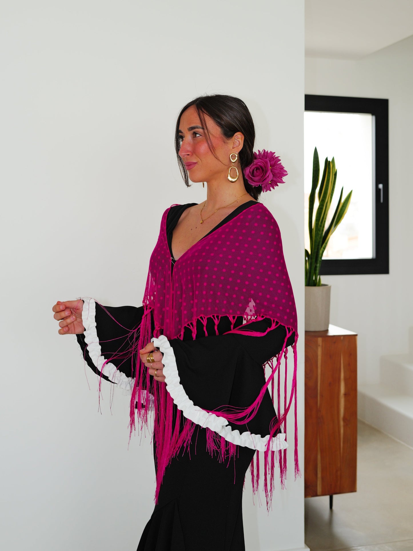 Mantón flamenca topos fucsia