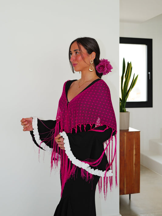 Mantón flamenca topos fucsia
