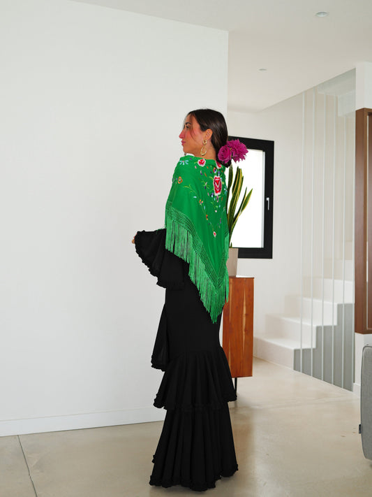 Mantón flamenca bordado flores verde