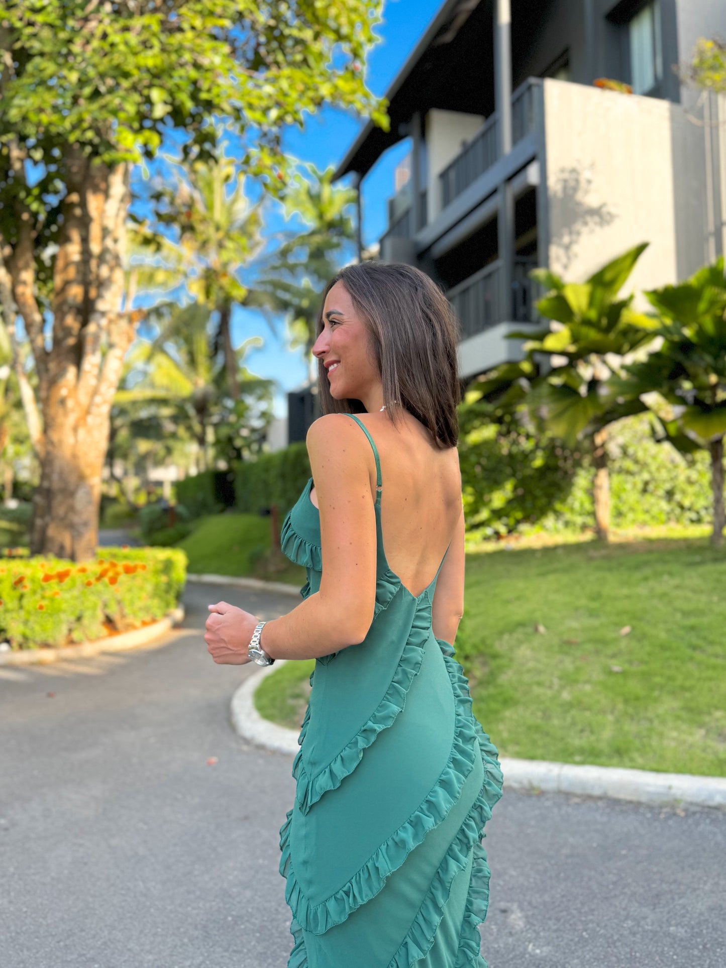 Vestido volantes crepe chocolate