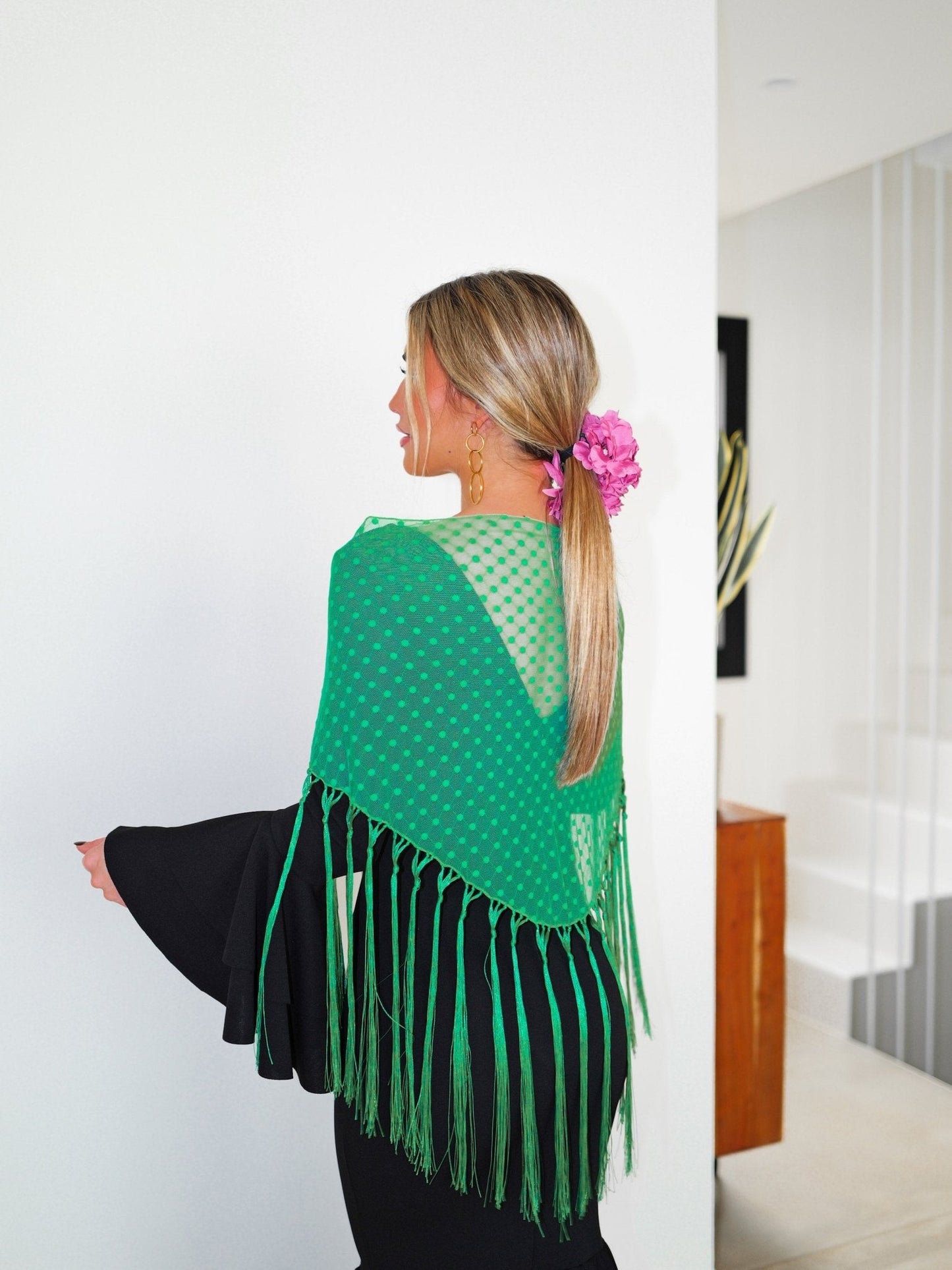 Mantón flamenca topos verde