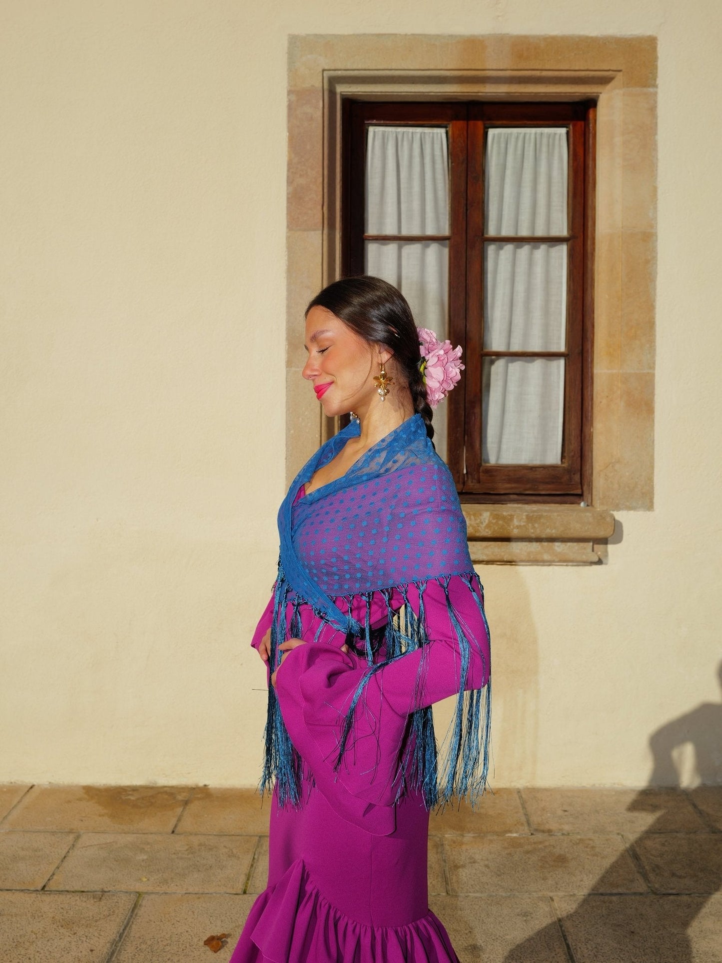 Mantón flamenca topos petróleo