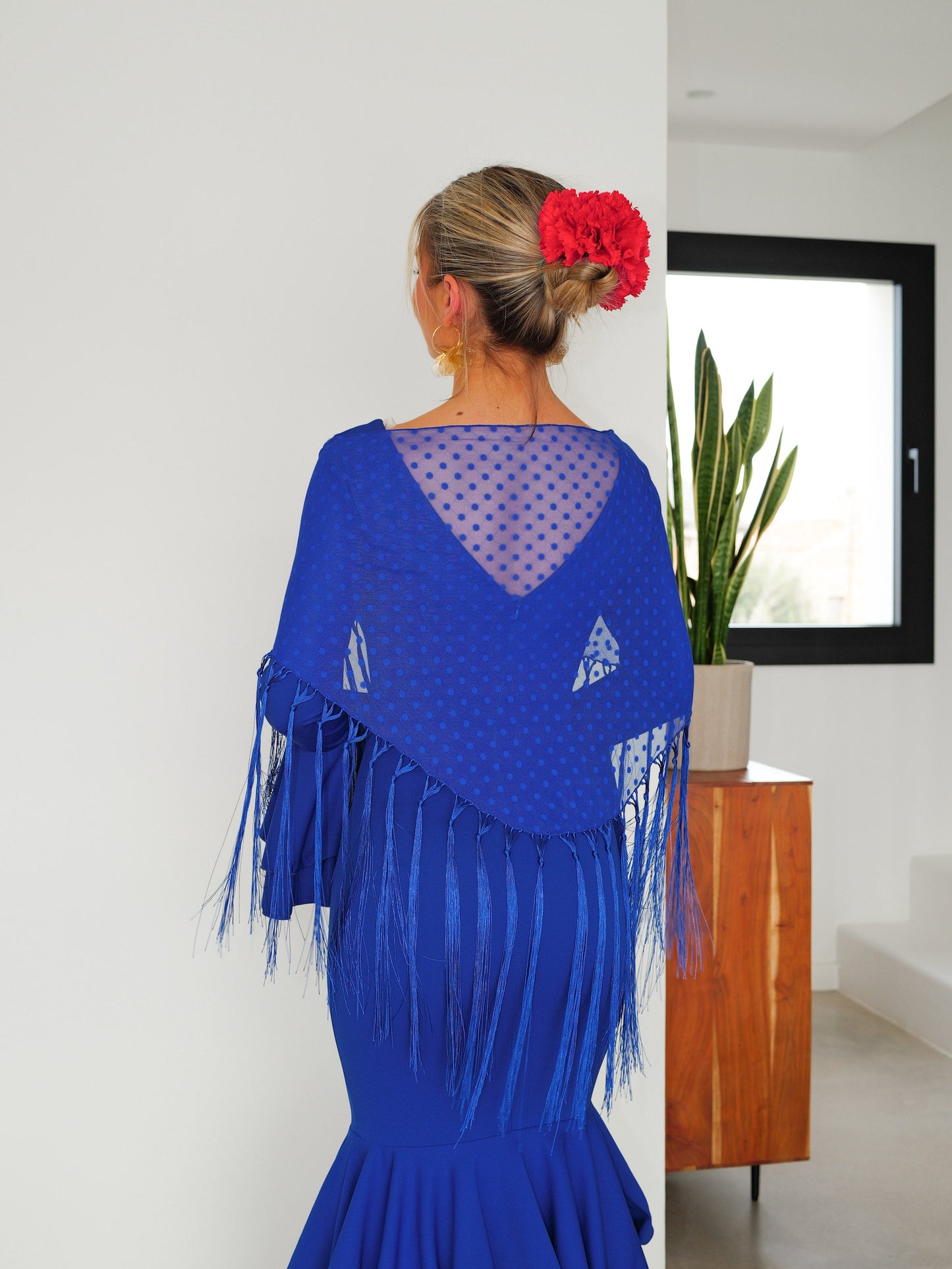 Mantón flamenca topos azul