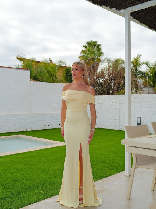Vestido bardot abertura amarillo