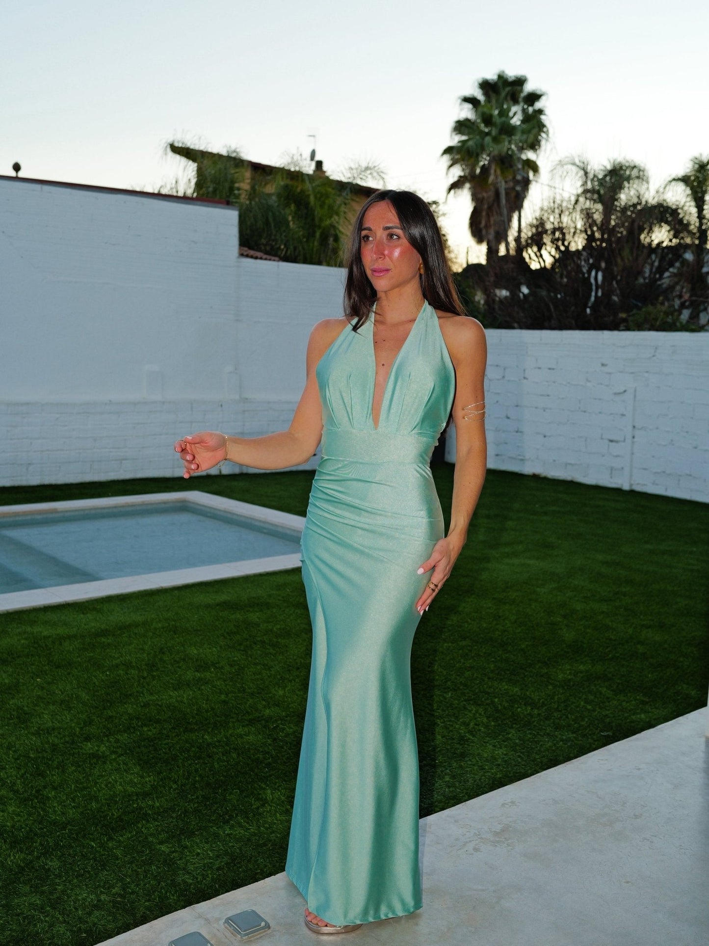 Vestido pico lazo drapeado menta