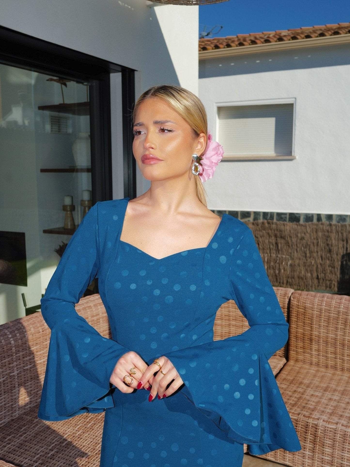 Traje flamenca volantes lunares petróleo