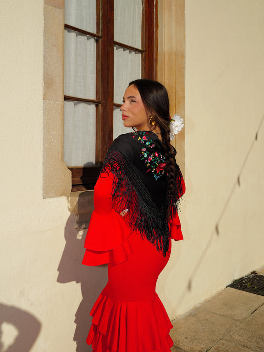 Mantón flamenca bordado flores negro