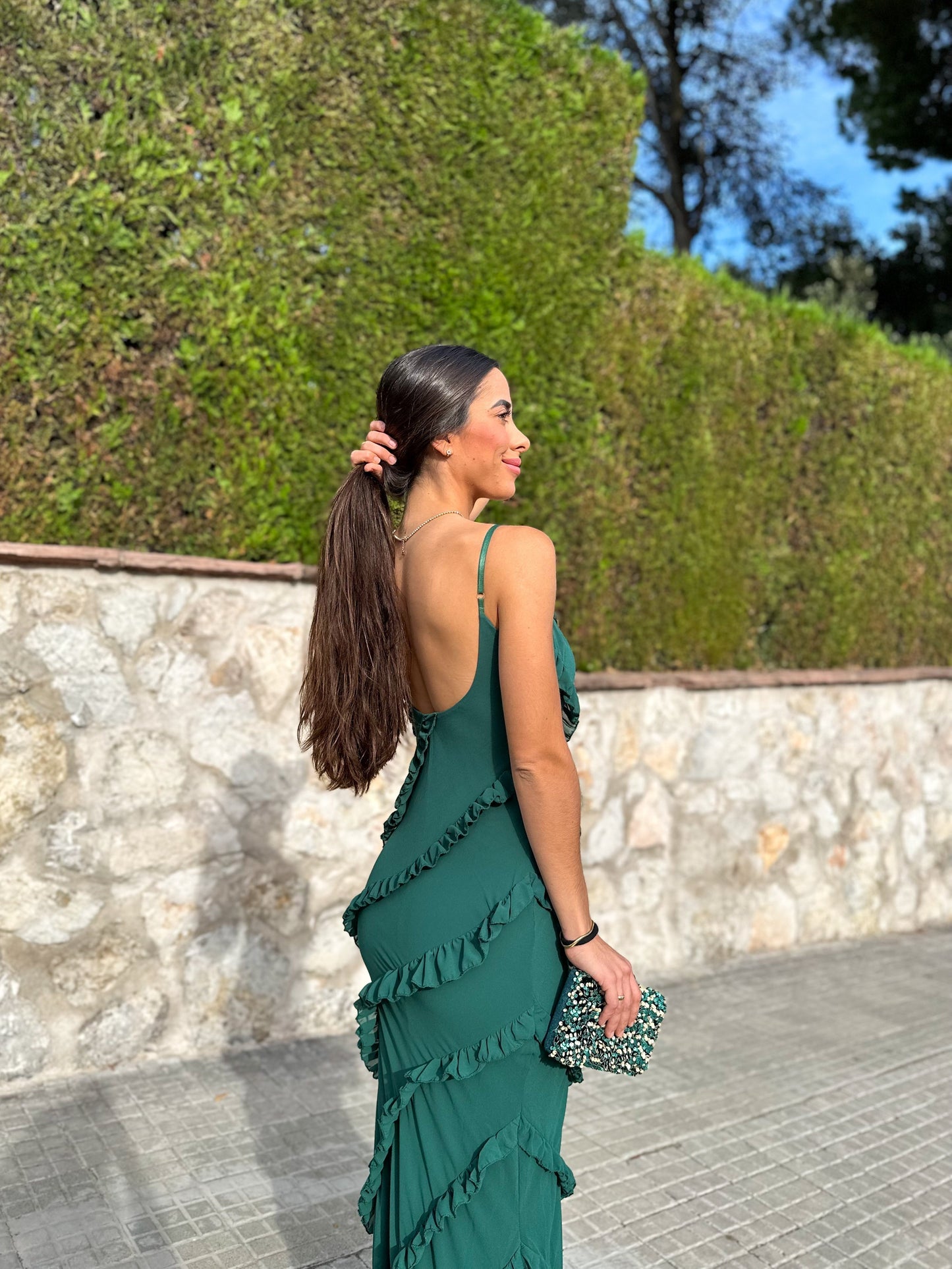 Vestido volantes crepe chocolate