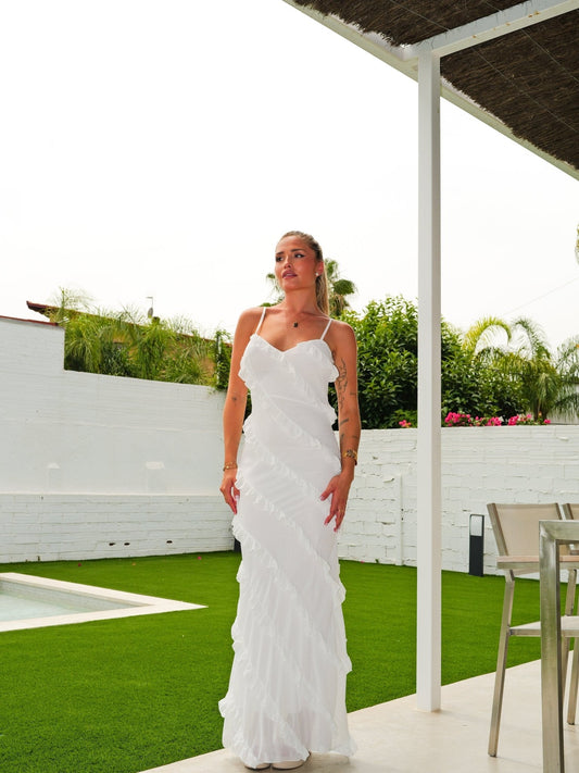 Vestido volantes crepe blanco