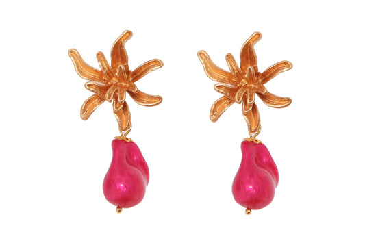 Pendiente de piedras nácar rosa fucsia con cabezal flor