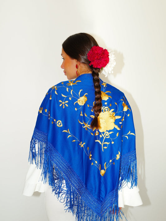 Mantón flamenca bordado flores eléctrico