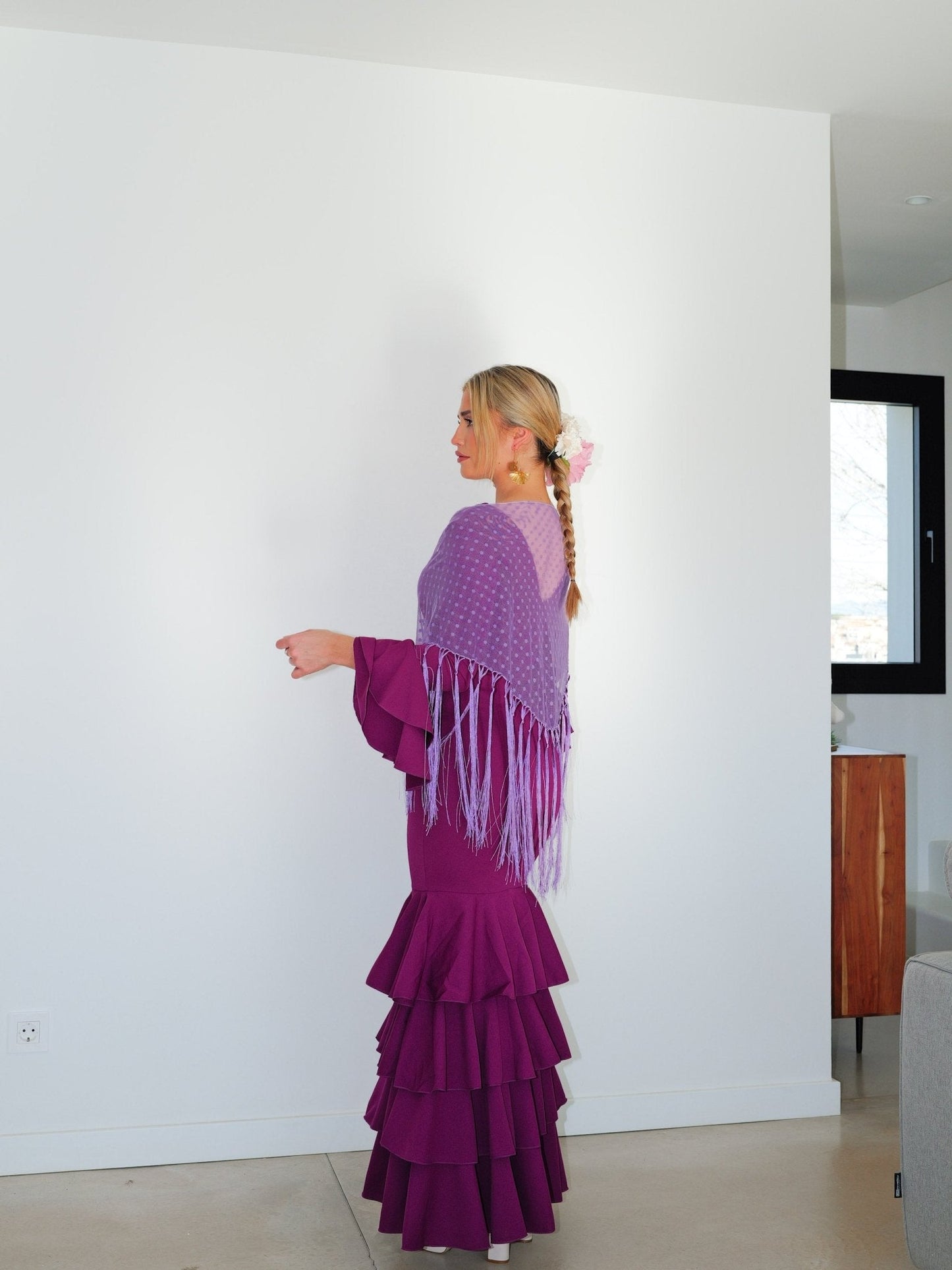 Mantón flamenca topos lila