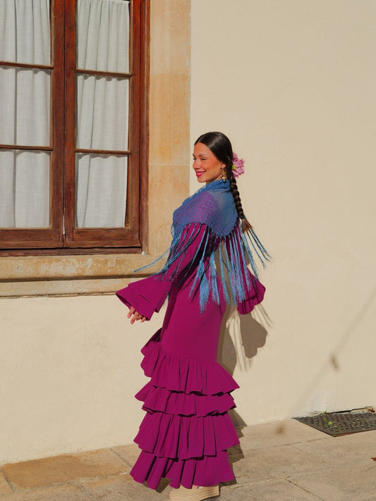 Traje flamenca asimetrico volantes cereza