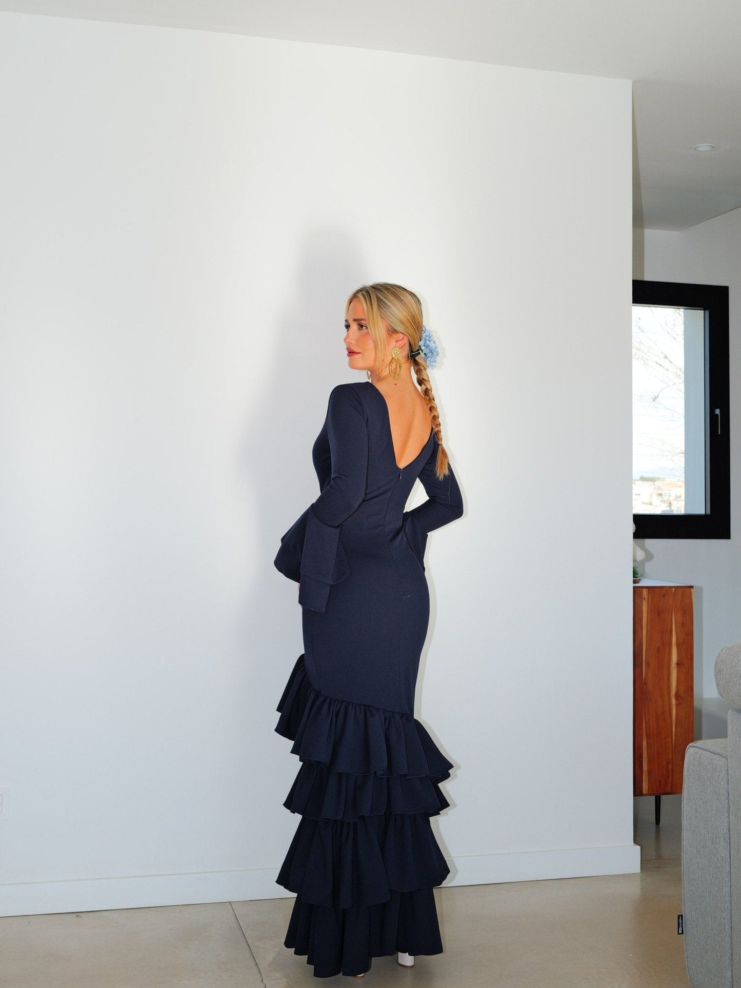 Traje flamenca asimetrico volantes marino