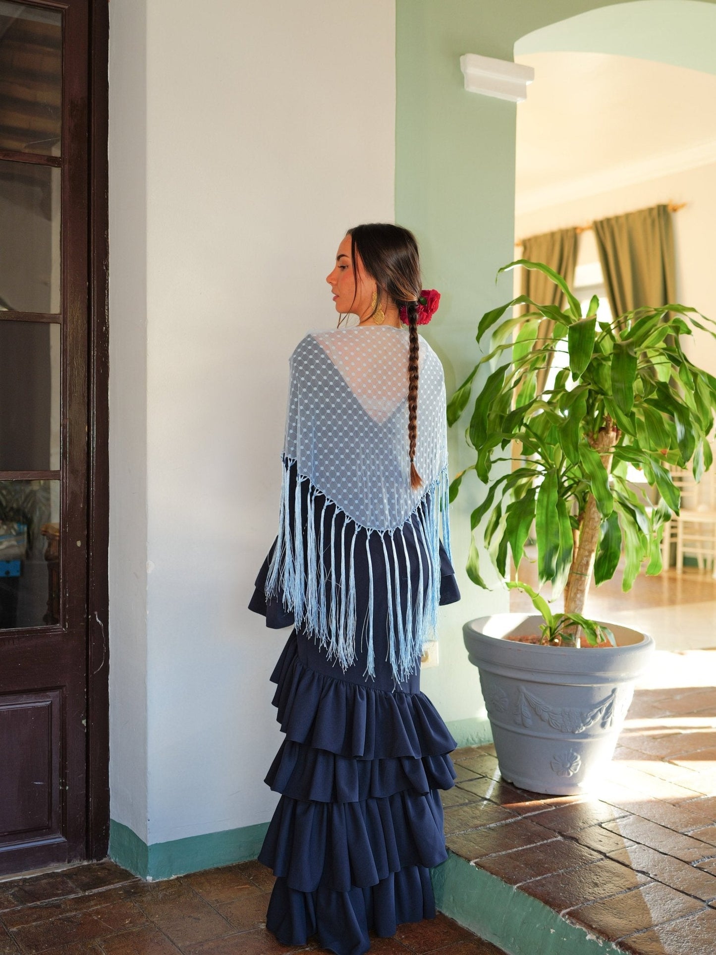 Traje flamenca asimetrico volantes marino