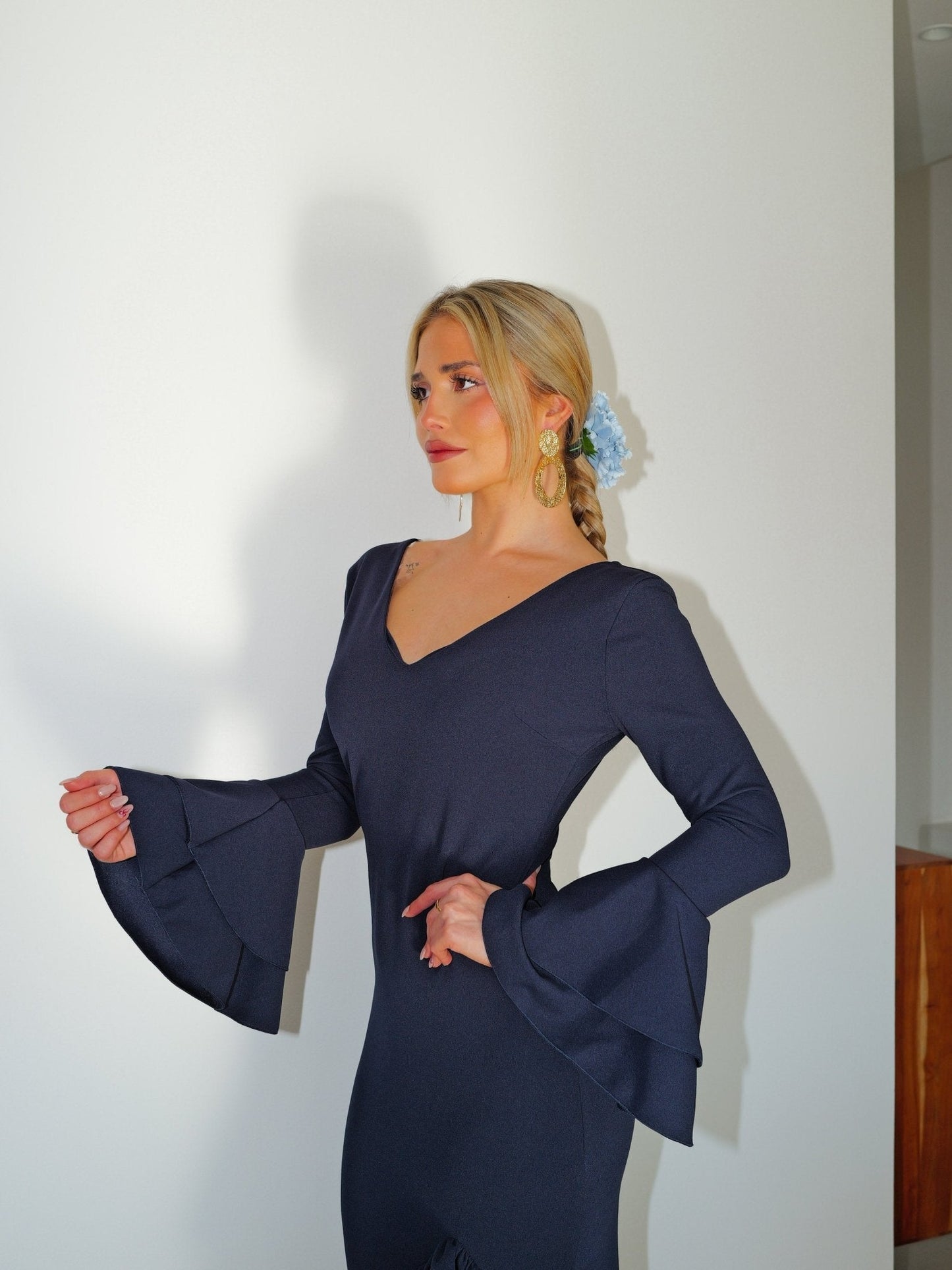 Traje flamenca asimetrico volantes marino