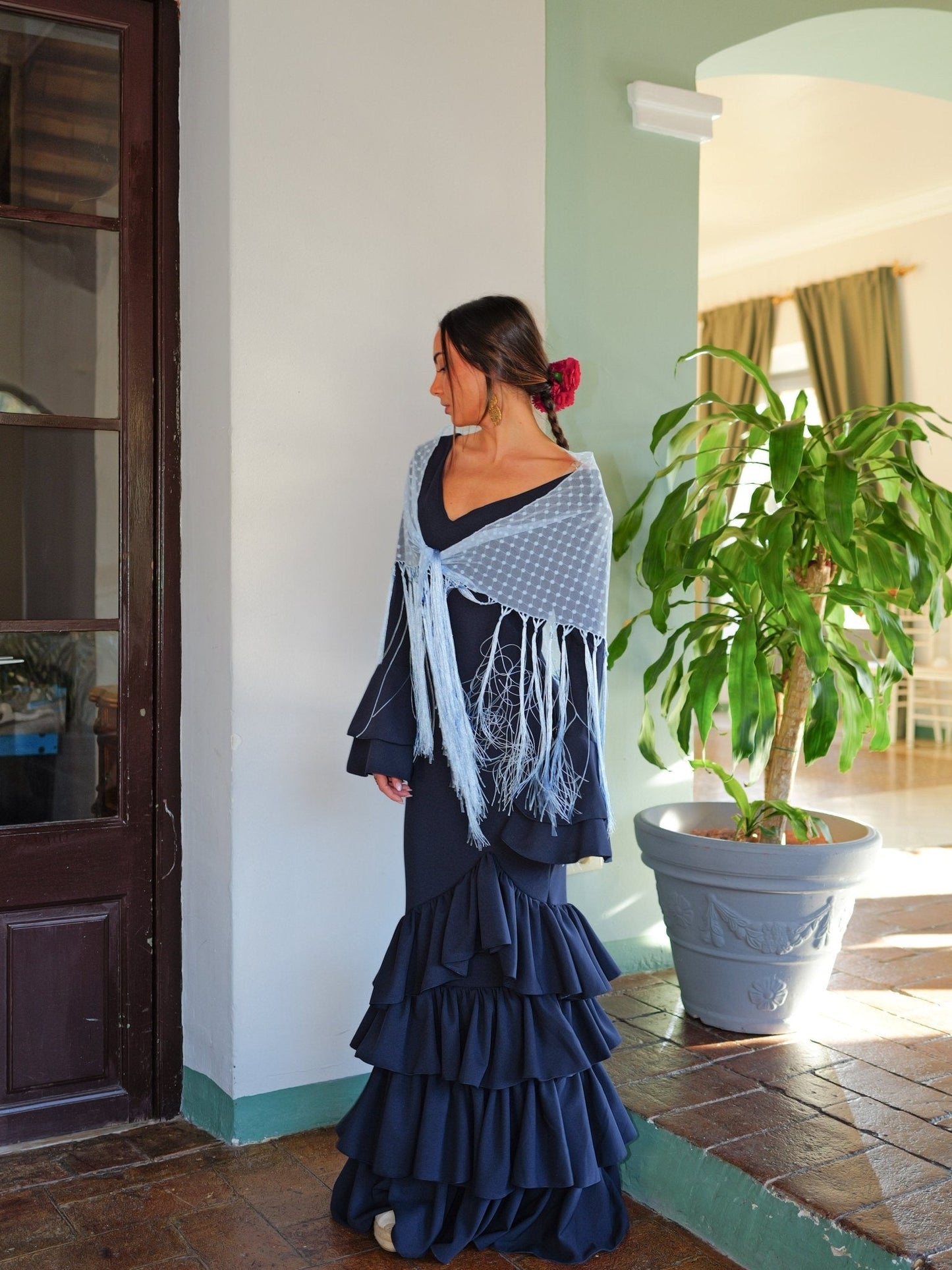 Traje flamenca asimetrico volantes marino