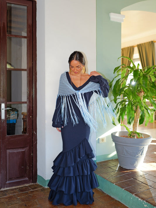 Traje flamenca asimetrico volantes marino