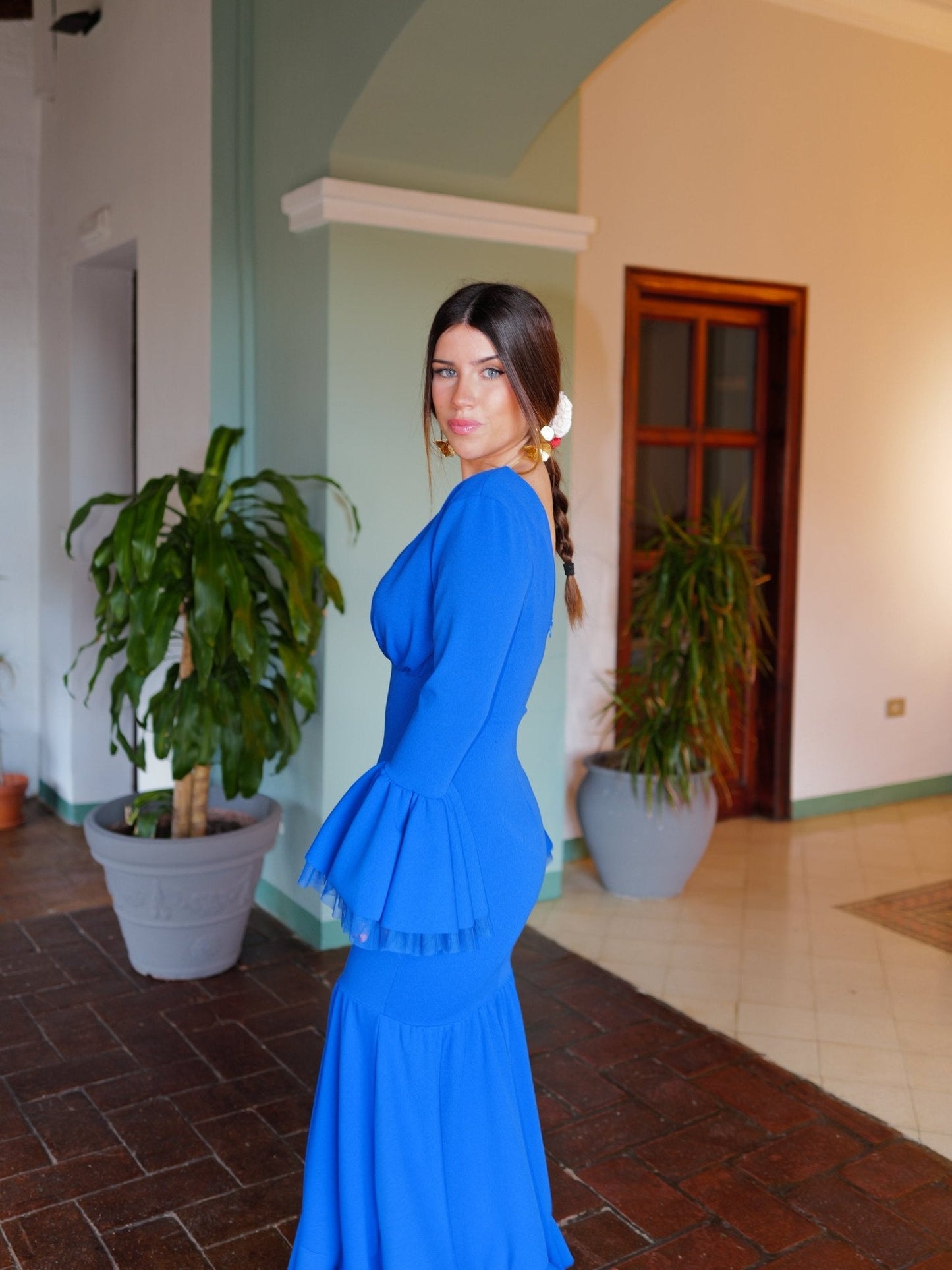 Traje flamenca escote pico azul