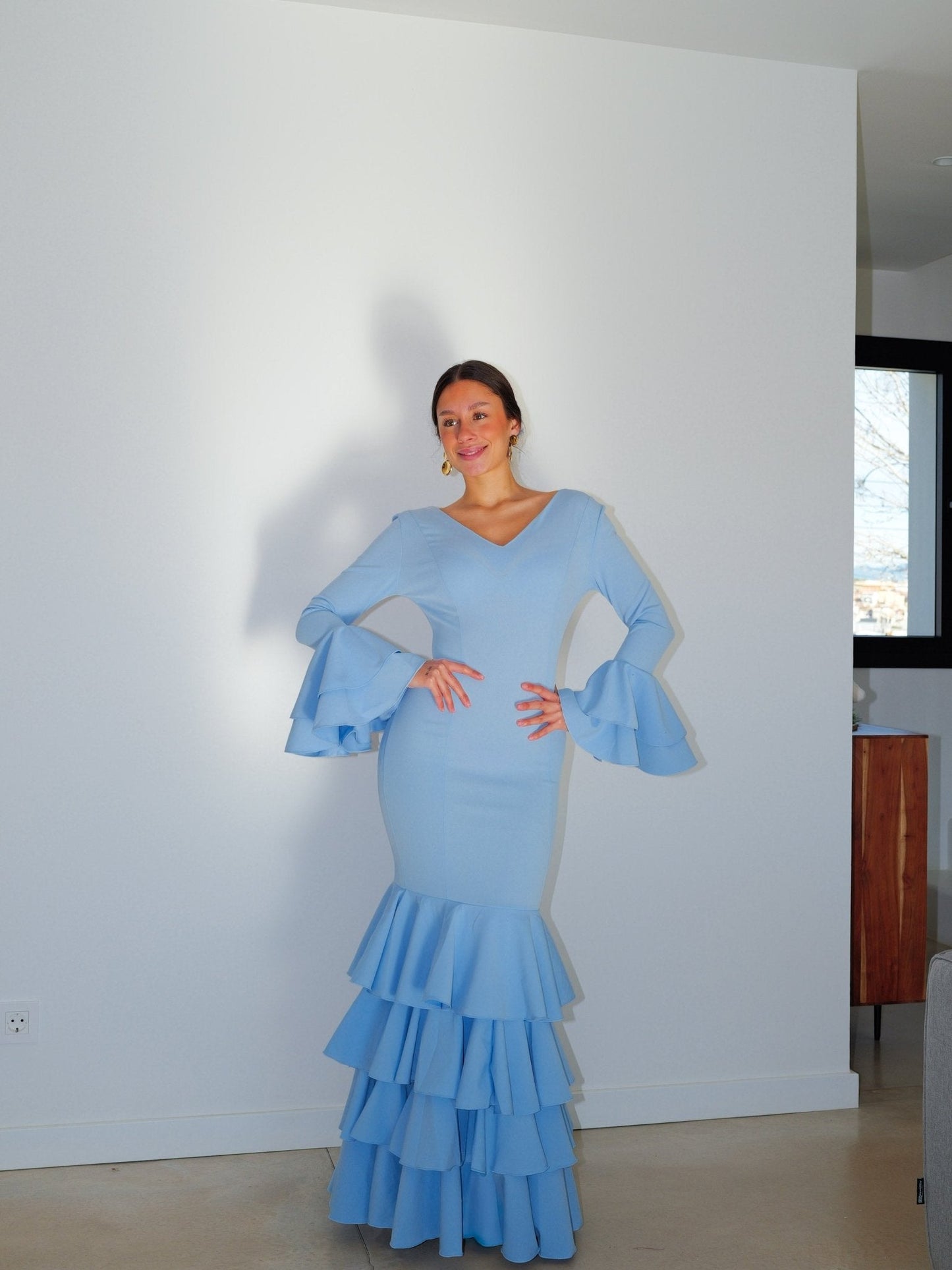 Traje flamenca volantes celeste