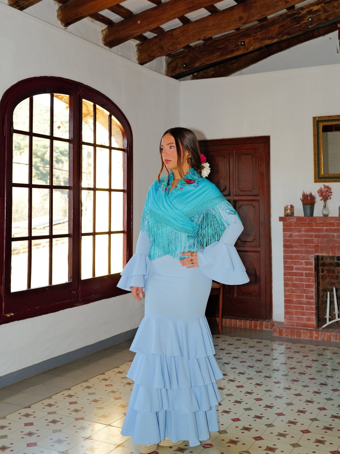 Traje flamenca volantes celeste