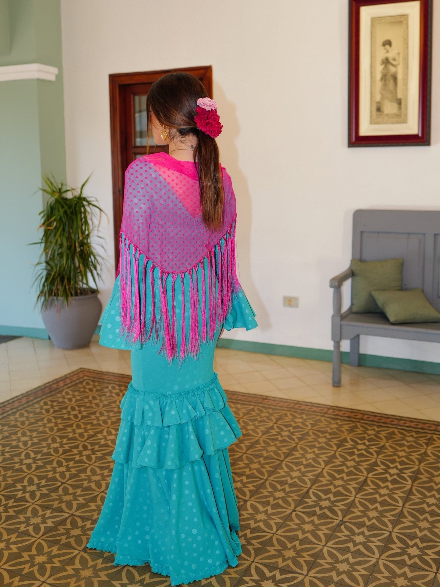 Traje flamenca volantes lunares turquesa