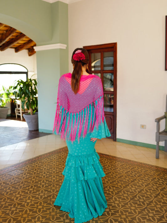 Traje flamenca volantes lunares turquesa