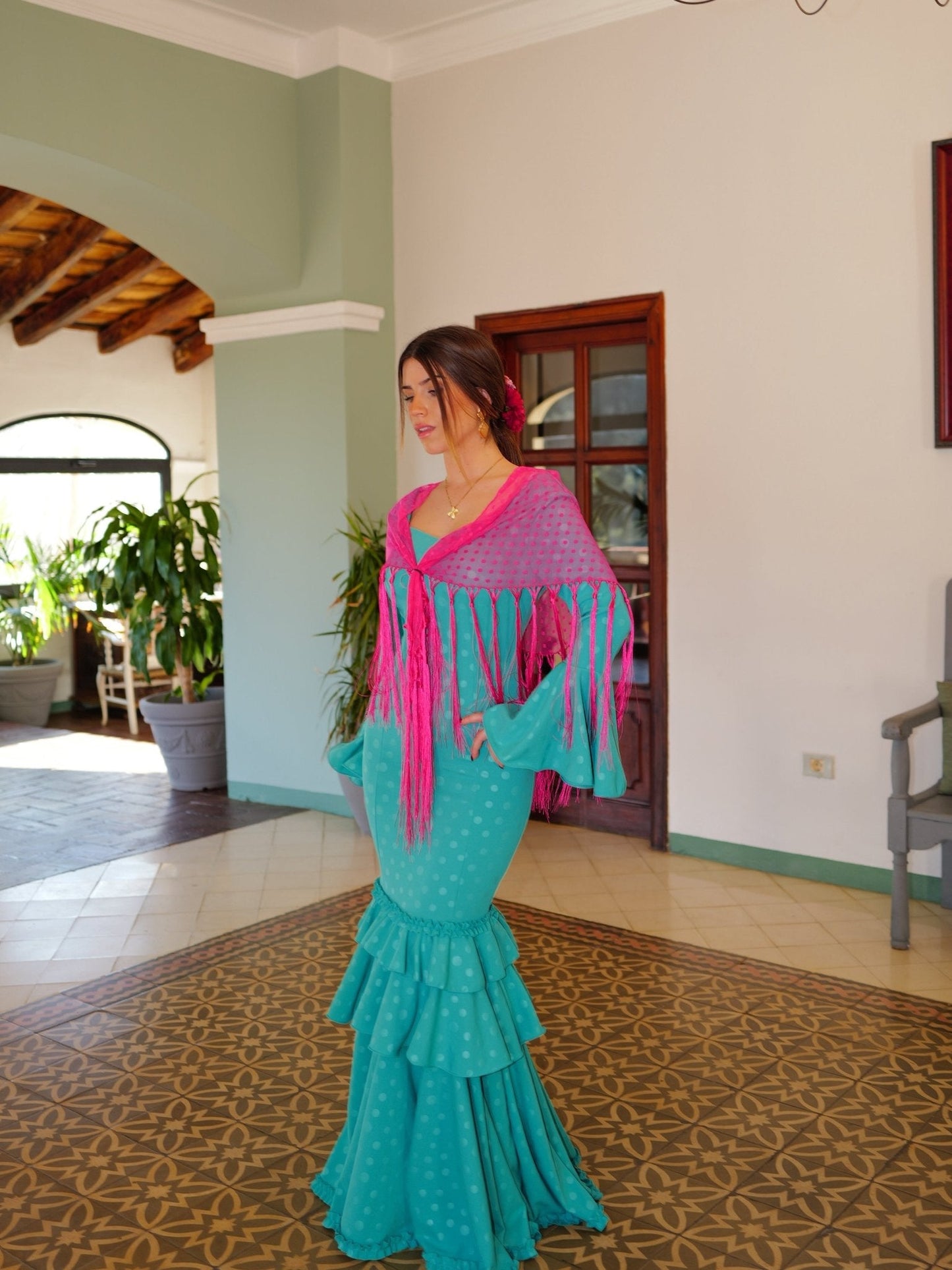 Traje flamenca volantes lunares turquesa